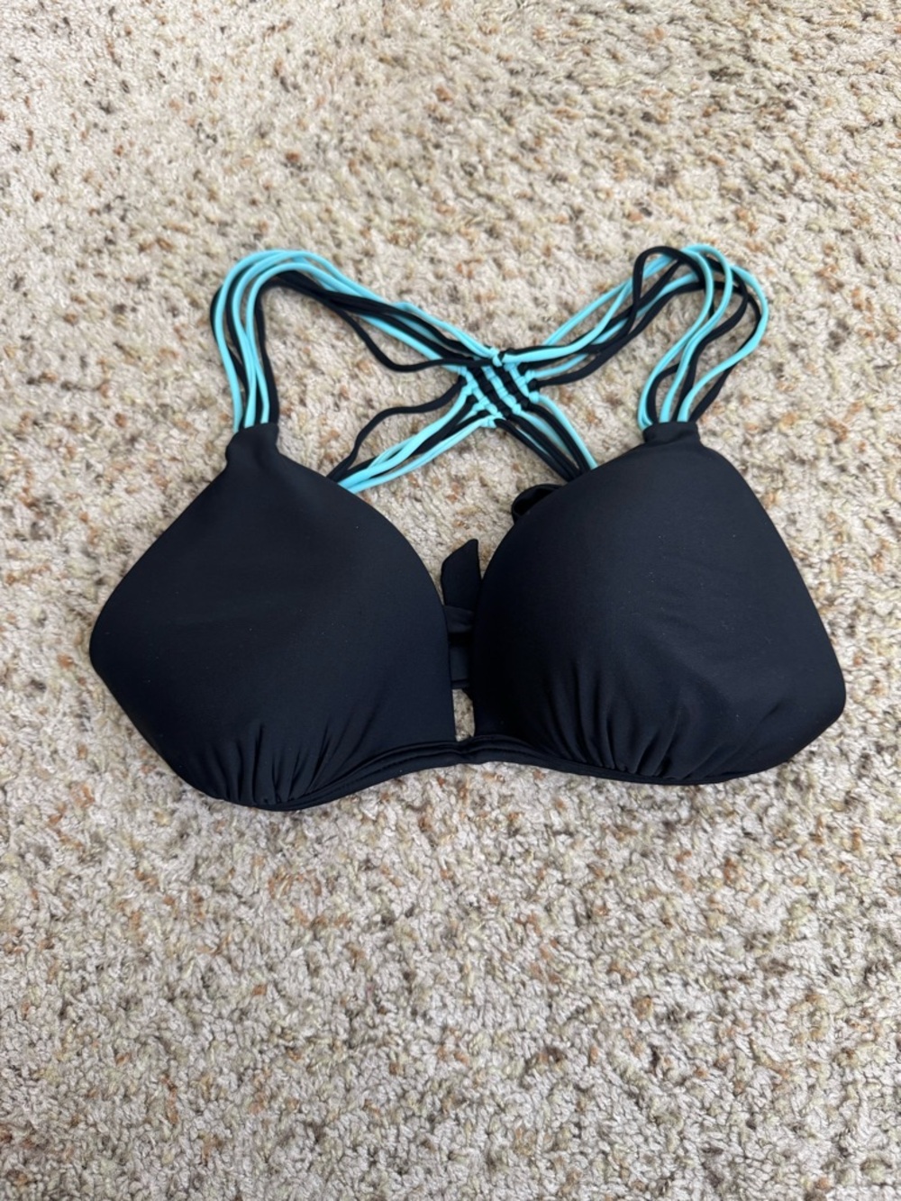 Black Strappy Push-Up Bikini Top with Aqua Accents